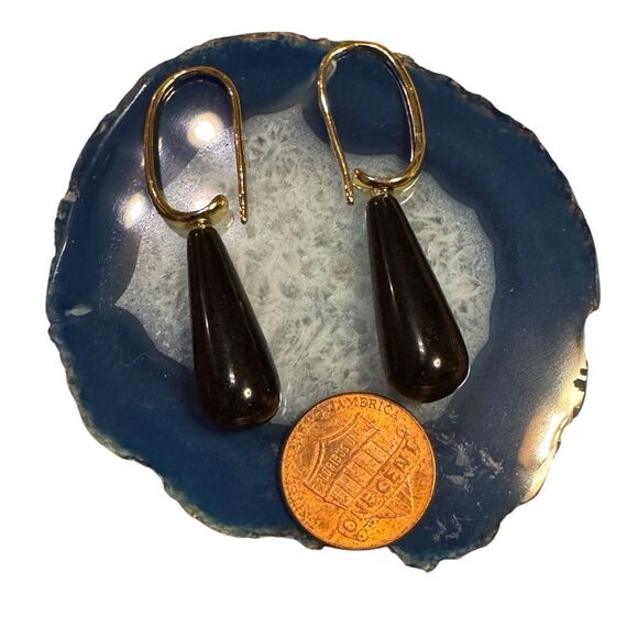 Macy's 14K Gold Plated Genuine Onyx Stone Teardrop Earrings - Picture 6 of 9